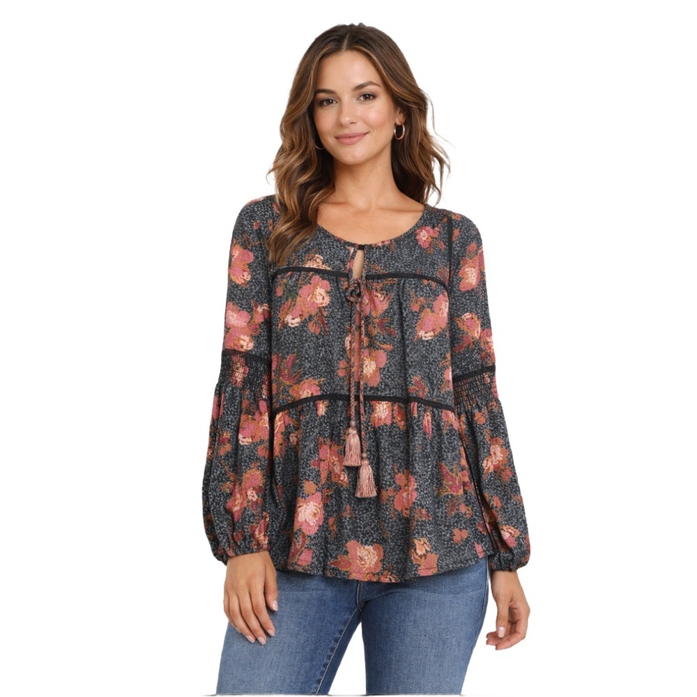 KNOX ROSE Floral Boho Peasant Blouse size Medium, crochet detail 🌸🍂